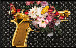 A GOLDEN GUN WRAPPED WITH A COLORFUL SNAKE AND FLOWERS WITH BLACK . MEASUREMENT 120X80CM