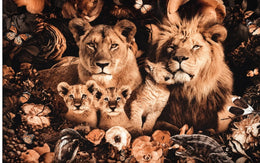 A LION FAMILY SURROUNDED BY FLOWERS AND BUTTERFLIES. MEASURMENT 120X80CM