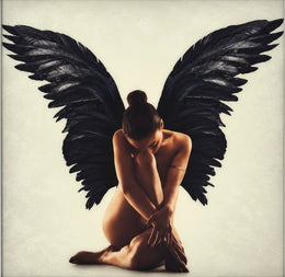 A WOMAN SITTING WITH LARGE WINGS BEHIND HER. MEASUREMENT 100X100CM