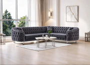 ELEGANT TUFTED SECTIONAL SOFA IN SOFT GREY VELVET WITH SILVER TONE TRIM AND LEGS.MEASUREMENT 230X290CM