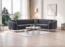 ELEGANT TUFTED SECTIONAL SOFA IN SOFT GREY VELVET WITH SILVER TONE TRIM AND LEGS.MEASUREMENT 230X290CM