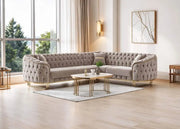 ELEGANT TUFTED SECTIONAL SOFA IN SOFTBEIGE VELVET WITH GOLD TONE TRIM AND LEGS.MEASUREMENT 230X290CM