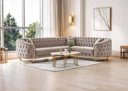 ELEGANT TUFTED SECTIONAL SOFA IN SOFTBEIGE VELVET WITH GOLD TONE TRIM AND LEGS.MEASUREMENT 230X290CM