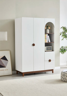 WARDROBE IN WHITE WITH WALNUT WITH TWO LARGE STORAGE DOORS , OPEN ARCHED SHELVING AND A LOWER DRAWERS.MEASUREMENT 120X54X186CM