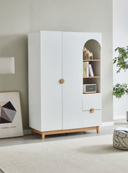 WARDROBE IN WHITE WITH BEECH WITH TWO LARGE STORAGE DOORS , OPEN ARCHED SHELVING AND A LOWER DRAWERS.MEASUREMENT 120X54X186CM