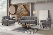 A MODREN GREY UPHOLSTERED SOFA SET CONSISTING OF 3 SEATER (225X85CM) 2 SEATER (160X85CM) 1 SEATER (95X85CM). IT FEATURED A SOFT FABRIC FINISH, TUFTED CUSHIONS , WIDE ARMRESTS, AND STURDY BLACK LEGS, GIVING IT A STYLISH AND COMFORTABLE LOOK.
