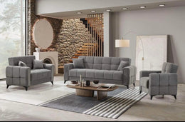 A MODREN GREY UPHOLSTERED SOFA SET CONSISTING OF 3 SEATER (225X85CM) 2 SEATER (160X85CM) 1 SEATER (95X85CM). IT FEATURED A SOFT FABRIC FINISH, TUFTED CUSHIONS , WIDE ARMRESTS, AND STURDY BLACK LEGS, GIVING IT A STYLISH AND COMFORTABLE LOOK.