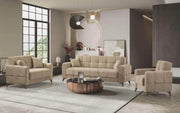 A MODREN BEIGE UPHOLSTERED SOFA SET CONSISTING OF 3 SEATER (225X85CM) 2 SEATER (160X85CM) 1 SEATER (95X85CM). IT FEATURED A SOFT FABRIC FINISH, TUFTED CUSHIONS , WIDE ARMRESTS, AND STURDY BLACK LEGS, GIVING IT A STYLISH AND COMFORTABLE LOOK.