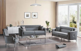 MODREN 3+2+1 GREY SOFA -BED FEATURING VERTICAL TUFTING , SOFT UPHOLSTERY , ELEGANT SILVER FINISHED METAL LEGS , AND DECORATIVE SILVER FINISHED METAL LEGS AND DECORATIVE SILVER ACCENTS ON THE ARMRESTS.3 SEATER(225CM)2 SEATER (165CM)1 SEATER (77CM)