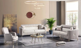 A MODREN 3+2+1 BEIGE SOFA- BED FEATURING VERTICAL TUFTING , SOFT UPHOLSTERY , ELEGANT GOLD FINISHED METAL LEGS , AND DECORATIVE GOLD FINISHED METAL LEGS AND DECORATIVE GOLD ACCENTS ON THE ARMRESTS.  3 SEATER(225CM) 2 SEATER (165CM) 1 SEATER (77CM)