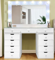 A WHITE VANITY DRESSING TABLE WITH 11 MULTIPLE DRAWERS AND A LARGE RECTANGULAR MIRROR WITH LIGHTS BULBS . MEASUREMENT 115X30X150CM