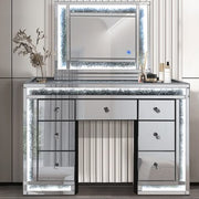 A LUXURIOUS MIRRORED DRESSING TABLE WITH A MATCHING LED MIRROR CRYSTAL STYLE DETAILING AND 7 DRAWERS. MEASUREMENT 130X55163CM