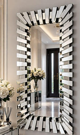A MODREN DECORATIVE MIRROR MEASURING 160X70CM , FEATURING A GEOMETRIC MIRRORED FRAME. MEASURING 160X70CM