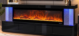 A MODREN BLACK TV UNIT WITH AN ELECTRIC FIREPLACE FEATURING WITH BLUETOOTH 13 DIFFRENT COLORS AND HEATING , 4 DRAWERS . MEASUREMENT 180X40X73CM