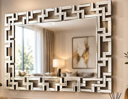 A MODREN MIRROR WITH GEOMETRICAL BORDER DESIGN . MEASUREMENT160X70CM