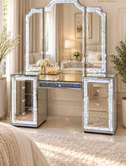 A MODREN DRESSING TABLE WITH MIRROR AND 7 DRAWERS WITH DIAMOND BORDERS . MEASUREMENT 150X40X180CM