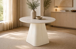 A NEIGE DINING TABLE WITH LIGHT TRAVERTINE COLOR. MEASUREMENT 120X75CM