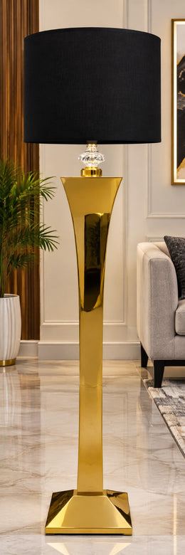 A LUXURY FLOOR LAMP WITH GOLD STAND AND BLACK FABRIC LAMPSHADE. MEASUREMENT 52X52X176CM