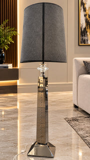 A LUXURY FLOOR LAMP WITH GREY TEXTURED FABRIC SHADE WITH A CRYSTAL ACCENT , AND A POLISHED SILVER TONED METALLIC BASE. MEASUREMENT 52X52X190CM