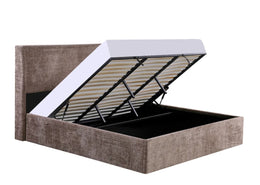 A NOLA MOKA CREMONA FABRIC SOMMIER STORAGE BED . MEASUREMENT 140X190CM
