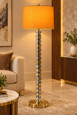 A LUXURY BRONZE AND SILVER FEETS FLOOR LAMP WITH LAMPSHADE. MEASUREMENT 30X30X150CM