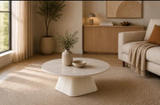 A COFFEE TABLE IN TRAVERTINE FINISH WITH WOODEN TOP AND METAL BASE . MEASUREMENT 90CM