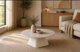 A COFFEE TABLE IN TRAVERTINE FINISH WITH WOODEN TOP AND METAL BASE . MEASUREMENT 90CM