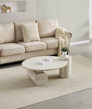 A RONDIN WHITE TRAVERTINE  CERAMIC COFFEE TABLE WITH MDF BASE. MEASUREMENT 90X45CM