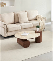 A RONDIN WALNUT CERAMIC COFFEE TABLE WITH MDF BASE. MEASUREMENT 90X45CM