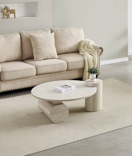 A RONDIN WHITE TRAVERTINE  CERAMIC COFFEE TABLE WITH MDF BASE. MEASUREMENT 90X45CM
