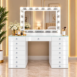 A ELEGANT DRESSING TABLE IN WHITE FINSIH WITH MIRROR LED STYLE AND 13 DRAWERS AND BLUETOOTH . MEASUREMENT 150X55X80CM