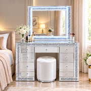 A STUNNING CRYSTAL FINSIH DRESSING TABLE WITH LED MIRROR AND SPACIOUS 7 DRAWERS AND BLUETOOTH. MEASUREMENT 130X55X163CMCM