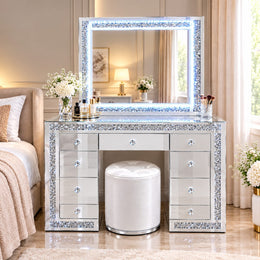 A STUNNING CRYSTAL FINSIH DRESSING TABLE WITH LED MIRROR AND SPACIOUS 7 DRAWERS AND BLUETOOTH. MEASUREMENT 130X55X163CMCM