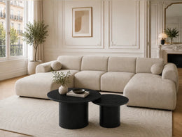 A U-SHAPED SOFA IN OFF WHITE SHADE WITH TWO EXTENDSED CHAISE STYLE ENDS WITH A CENTRAL SEATING SECTION . MEASUREMENT 165X370X165CM
