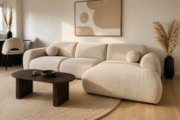 A CLOUD BIS ANGLE RIGHT SIDE SOFA WITH UPHOLSTERY FABRIC  IN BEIGE FINSIH . MEASUREMENT 290X165CM