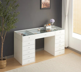 AN ELEGANT DRESSING TABLE WITH GLASS AND WHITE FINISH INCLUDES 13 DRAWERS. MEASUREMENT 150X60X80CM