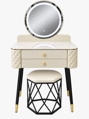 A DRESSING TABLE WITH 2 DRAWERS AND LED MIRROR WITH STOOL IN BEIGE AND BLACK FINISH. MEASUREMENT 60X44CM