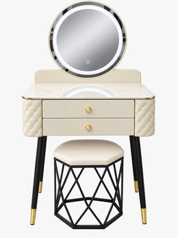 A DRESSING TABLE WITH 2 DRAWERS AND LED MIRROR WITH STOOL IN BEIGE AND BLACK FINISH. MEASUREMENT 60X44CM