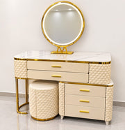 AN ELEGANT DRESSING TABLE IN BEIGE AND GOLD FINISH WITH PUFF AND LED MIRROR AND A LOT OF STORAGE OPTION . MEASUREMENT 90X40X79CM