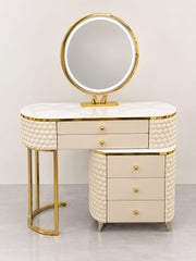 AN ELEGANT DRESSING TABLE IN BEIGE AND GOLD FINSIH WITH PUFF AND LED MIRROR AND A LOT OF STORAGE OPTIONS. MEASUREMENT 90X40X79CM