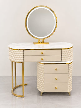 AN ELEGANT DRESSING TABLE IN BEIGE AND GOLD FINSIH WITH PUFF AND LED MIRROR AND A LOT OF STORAGE OPTIONS. MEASUREMENT 90X40X79CM