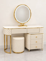 AN ELEGANT DRESSING TABLE IN BEIGE AND GOLD FINSIH WITH PUFF AND LED MIRROR AND A LOT OF STORAGE OPTIONS. MEASUREMENT 100X40X77CM