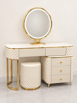 AN ELEGANT DRESSING TABLE IN BEIGE AND GOLD FINSIH WITH PUFF AND LED MIRROR AND A LOT OF STORAGE OPTIONS. MEASUREMENT 100X40X77CM