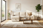 A CUBA LEFT SIDED CORNER SOFA COMBINES CONTEMPORARY STYLE WITH COMFORT. WITH UPHOLSTERED IN SOFT CREMO FABRIC IN BEIGE FINISH. MEASUREMENT 238X160CM