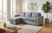 A CUBA LEFT SIDEDE CORNER SOFA COMBINES CONTEMPORARY STYLE WITH COMFORT. WITH UPHOLSTERED IN SOFT CREMO FABRIC IN GREY FINISH. MEASUREMENT 238X160CM