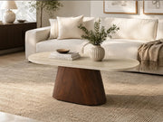 OURLET COFFEE TABLE IN WALNUT EFFECT LEGS WITH MATTE TRAVERTINE CERAMIC TABLE TOP . MEASUREMENT 120X60X45CM