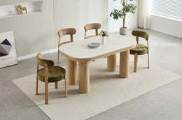 CAMELIA EXTENDABLE DINING TABLE - TRAVERTINE CERAMIC TABLETOP , BEECH EFFECT MDF BASE . MEASUREMENT 160/200X90X75CM