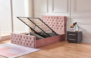 CAMA VICTORIA CON SOMIER ABATIBLE CON CAPITONÉ EN TERCIOPELO ROSA 140X190CM