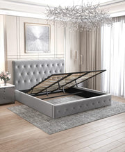CORSICA CAMA WITH SOMMIER STORAGE WITH DIAMOND TUFTED AND GREY VELVET 180X200CM