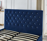 CAMA PRESTIGE CON SOMIER Y ALMACENAJE, TERCIOPELO AZUL CON BOTONES, 140X190CM